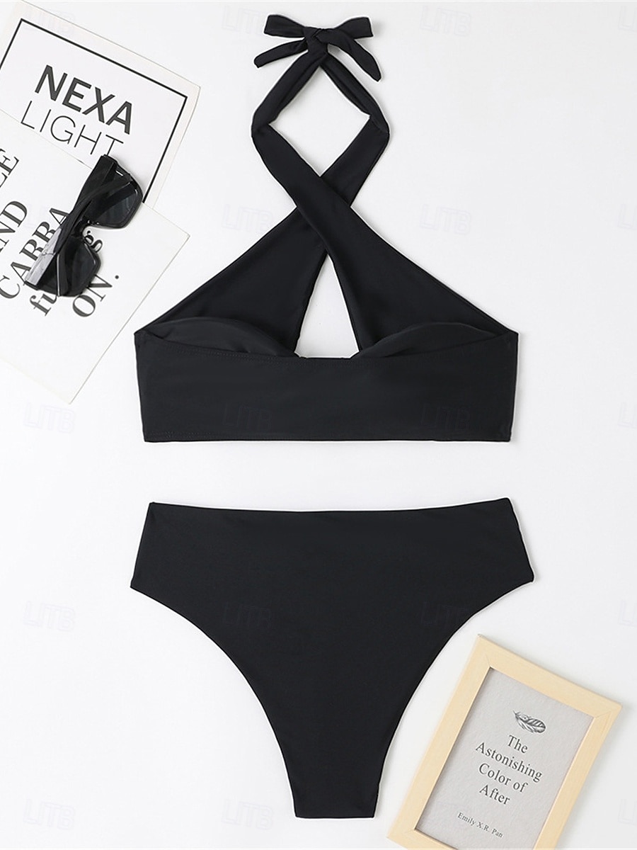 Dames Zwemkleding Bikini 2 stuks Brutaal Zwempak Blote rug Hoge taille Slank Vakantie Strand Kleding Effen Kleur Halternek Mouwloos Badpakken 2025 - $28.99 –P3