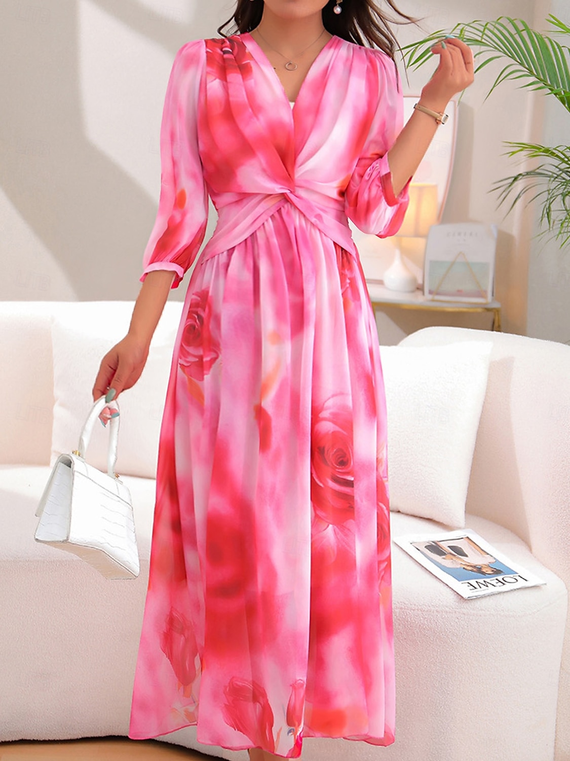 Damen Maxidress Kleid drucken Graphic Modisch elegante kleider Party Täglich Verabredung Hohe Taillenlinie 3/4 Ärmel V Ausschnitt Kleid Regular Fit Rote Blau Frühling Herbst S M L 2025 - $44.99 –P2