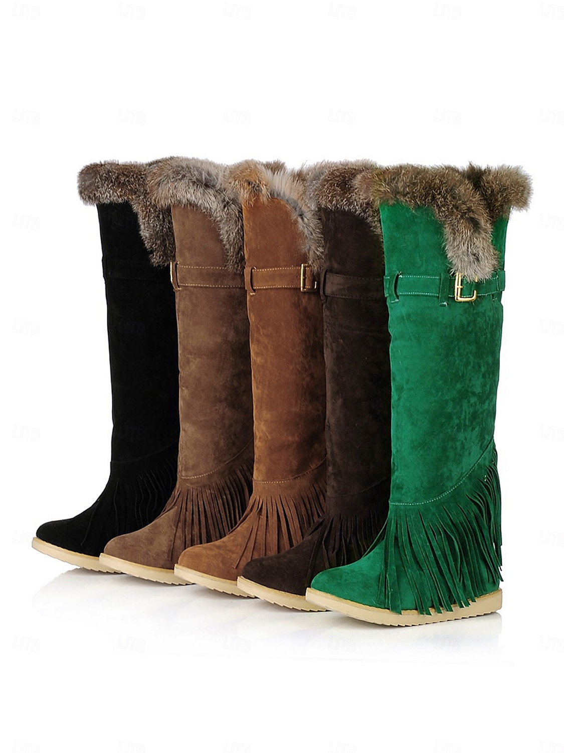 Botas de inverno femininas de camurça verde mocassim com forro de pele e detalhes de franjas – botas de neve confortáveis na altura do joelho para o tempo frio de 2025 por $59.99 –P5