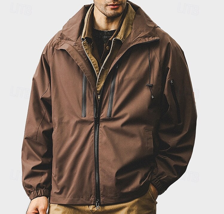 Men's Outdoor Jacket School Outdoor Waterproof Sunscreen Zipper Pocket Spring Fall Winter Solid Color Neutral Fashion Hooded Black White Blue Brown Jacket 2025 - $56.99 –P4
