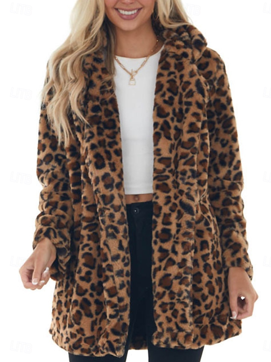 Femme Manteau d'hiver Chaud Respirable Patchwork Avec poches Rétro Vintage Mode Léopard Fête / Soirée Ouvrir le devant Longue Col rabattu Standard manche longue Vêtements d'extérieur Léopard Automne de 2025 ? $58.99 –P1