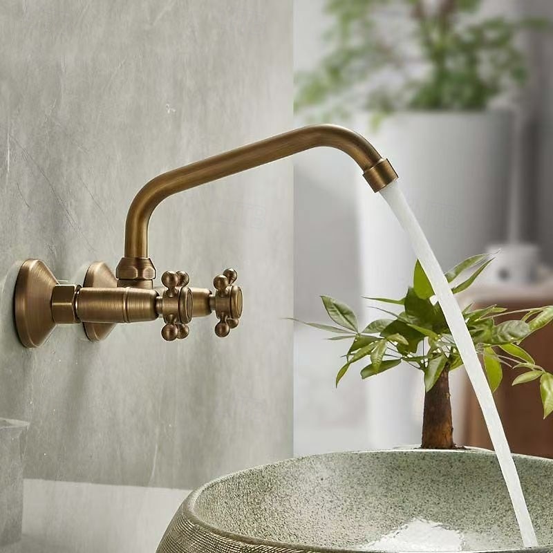 wastafelmengkraan wandmontage inbouw wastafelkraan geborsteld retro messing antiek kraan goud wijdverspreid wandmontage 2025 - $97.99 –P7