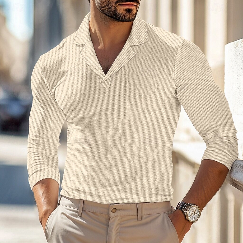 Homme Polos gaufrés Polos Plein Air Entreprise Collier cubain manche longue Mode basique Couleur unie Col en V Automne Hiver Toutes Saisons Standard Noir Blanche Bleu Kaki Grise Polos gaufrés de 2025 ? $22.99 –P1