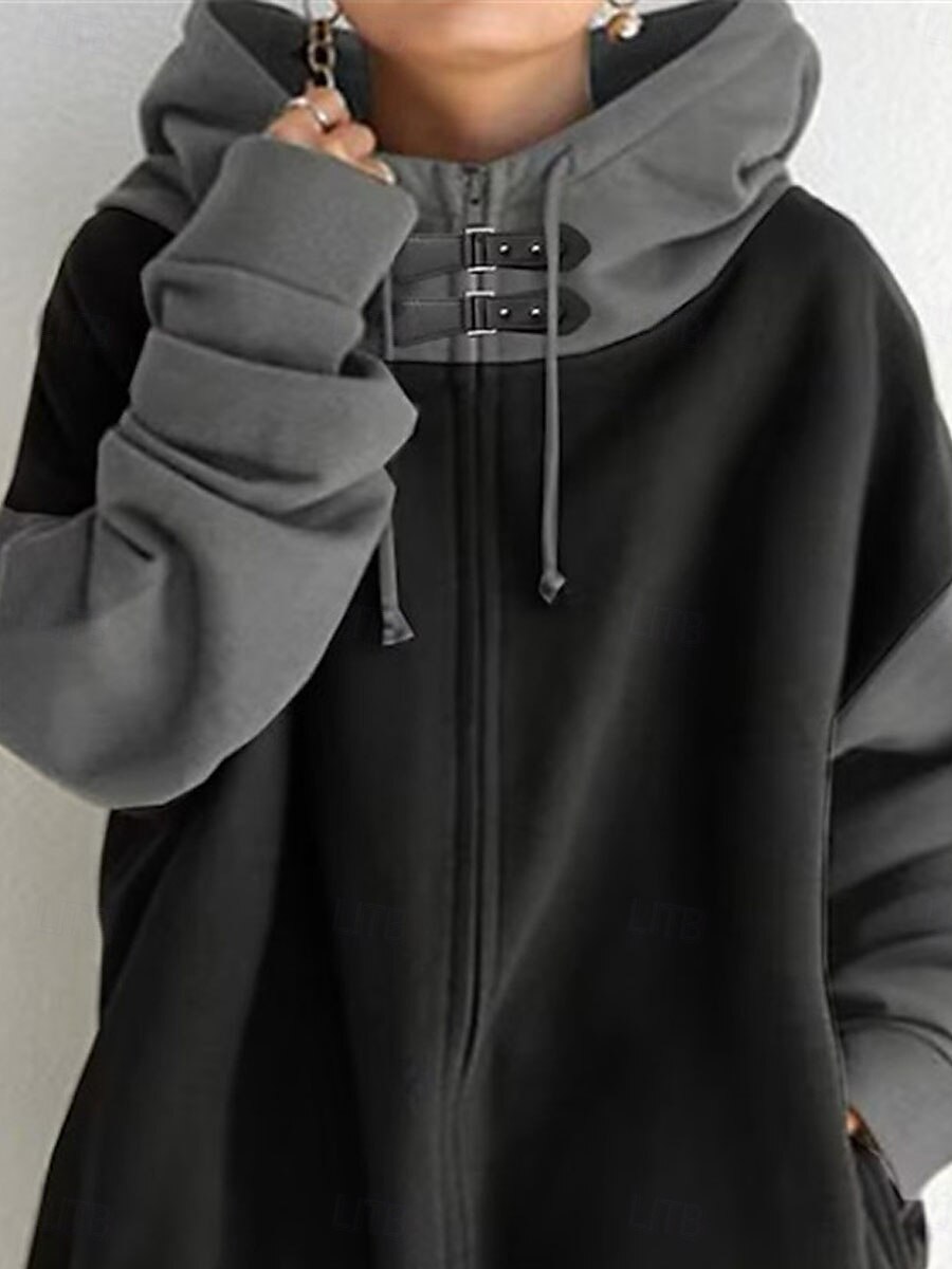 moletom feminino com capuz moletom casual simples rua diário moletom patchwork bolso com zíper manga comprida preto café outono inverno de 2025 por $35.99 –P2