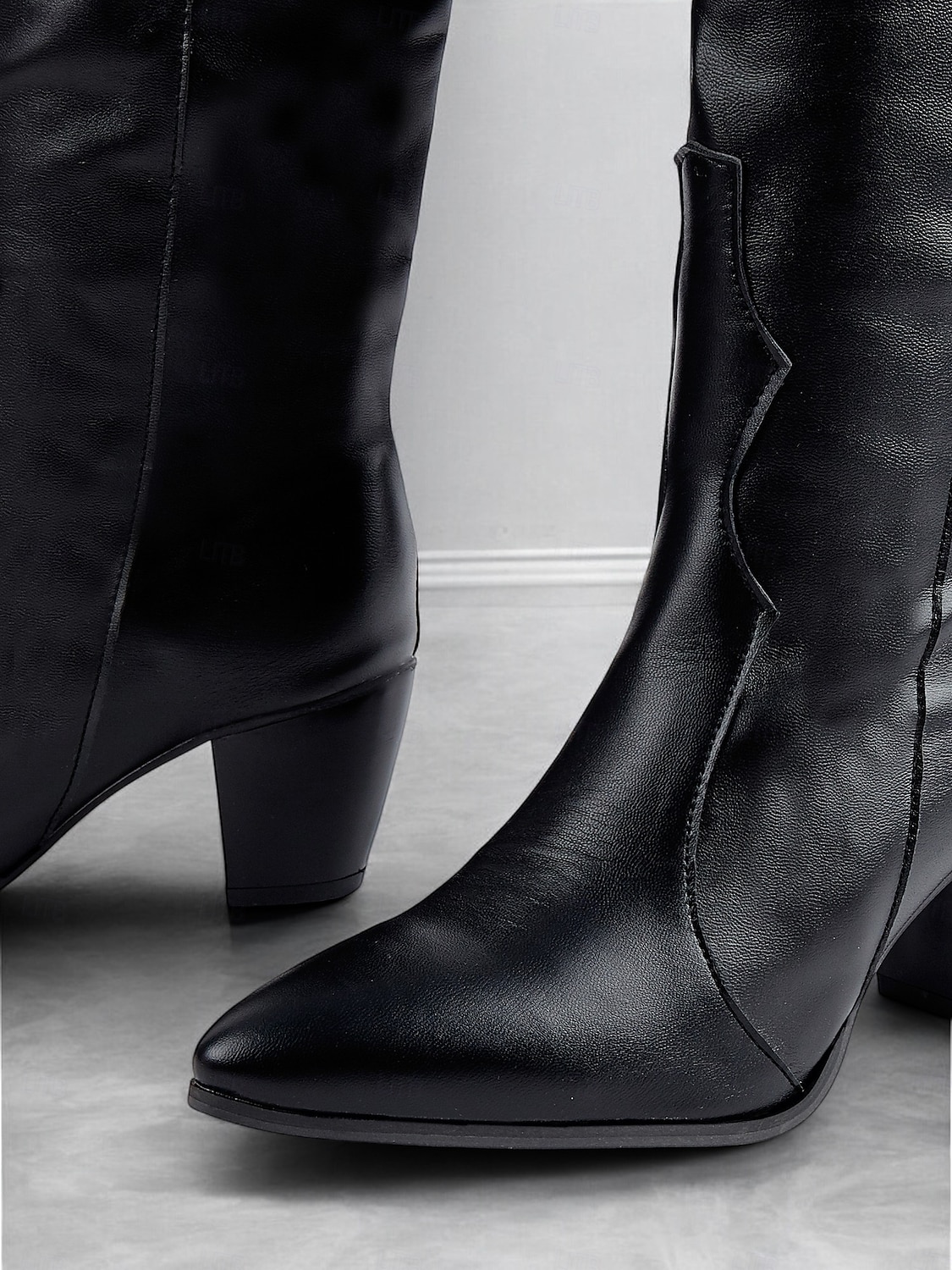 černé westernové boty z umělé kůže po kolena se špičatou špičkou a blokovými podpatky – elegantní styl kovbojky pro ženy 2025 - $46.99 –P5