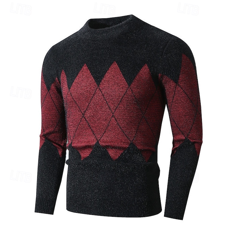 Herren Pullover Strickpullover Gerippt Stricken Standard Strick Kariert / Gestreift / Chevron Rundhalsausschnitt Modisch Basic Freizeitskleidung Verabredung Bekleidung Herbst Winter Wein Blau S M L 2025 - $35.99 –P9