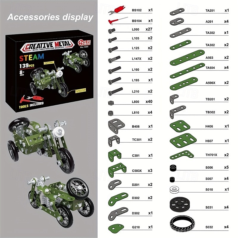 139PCS Metal DIY Tricycle Model Building Kit for Kids  STEM Educational Toy Creative Assembly Motorcycle Blocks for Boys Ages 8-12 Years  Engineering Puzzle Set for Children Ideal Gift 2025 - $22.99 –P9