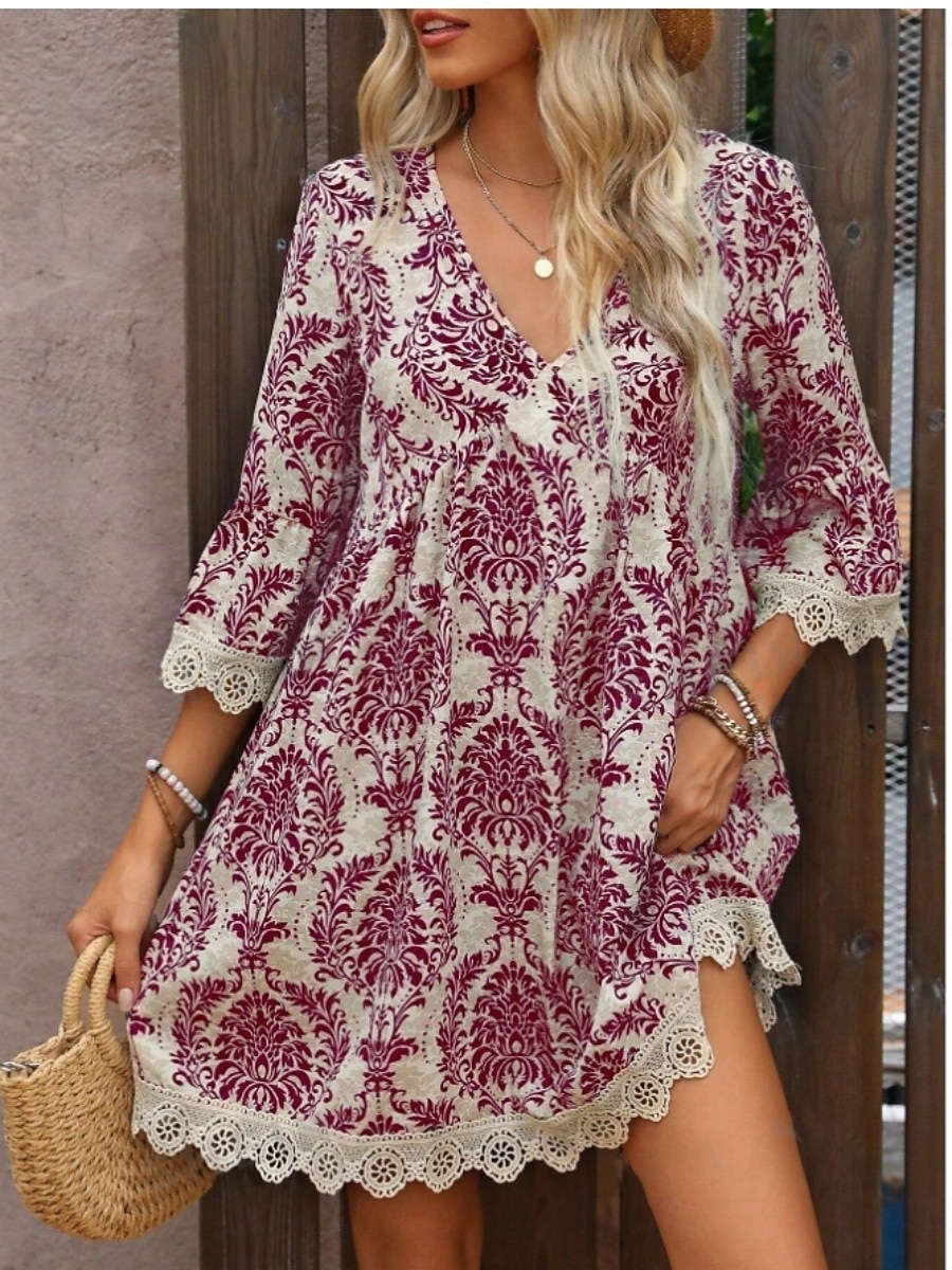 Damen Minikleid Casual kleid Boho-Kleid Brautkleider schlicht Täglich Regular Fit Blumen 3/4 Ärmel V Ausschnitt Wein Blau Grün Sommer Frühling Herbst 2025 - $35.99 –P7