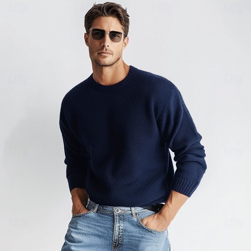 Herr Ulltröja Pullover tröja Sticka Ensfärgat Rund hals Stickat Elegant Skola Träning Kläder Höst Vinter Svart Vit S M L 2025 - $36.99 –P3