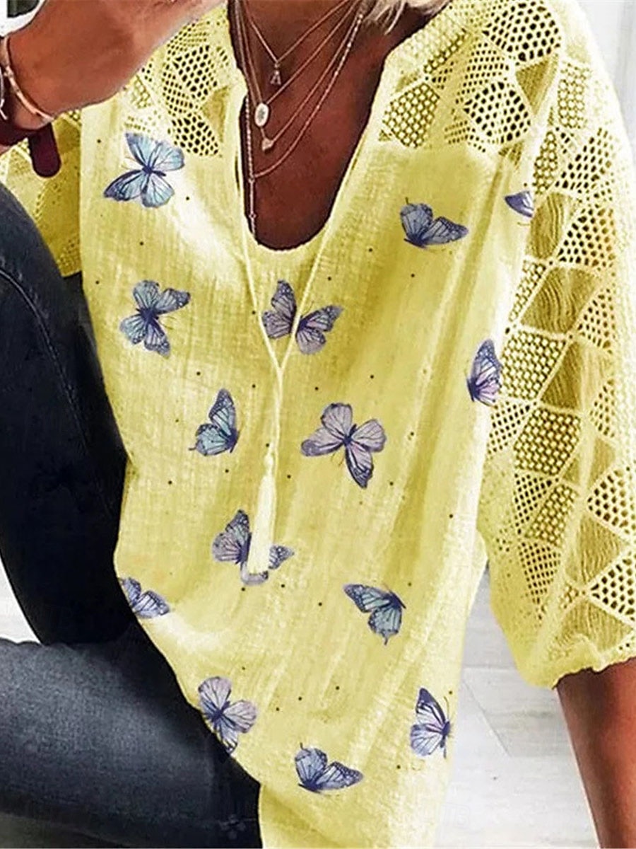 Damen Hemd Bluse Schmetterling Täglich Basic 3/4 Ärmel V Ausschnitt Normale Oberteile Täglich Patchwork Bedruckt Weiß Gelb Blau Sommer Frühling 2025 - $34.99 –P3