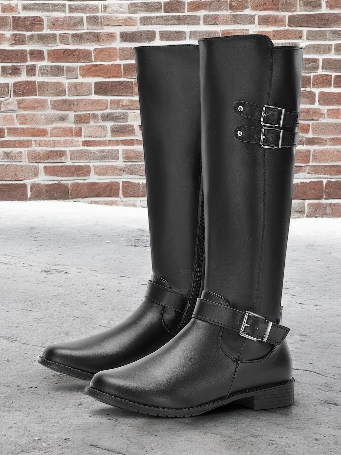 Women's Black Knee-High Riding Boots with Buckle Straps and Low Heel – Classic Equestrian Style Boots for Everyday and Outdoor Wear 2025 - $46.99 –P7