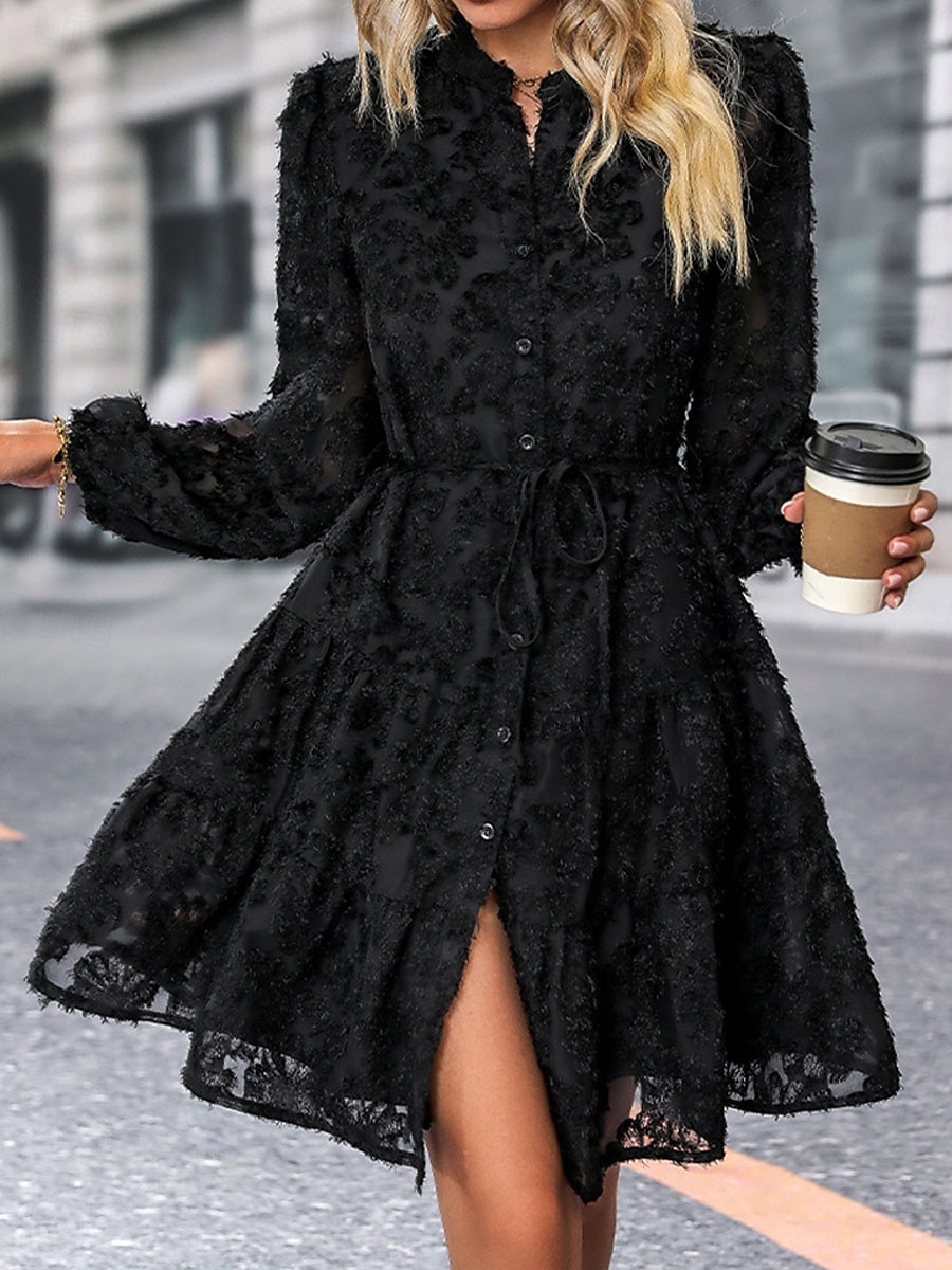Damen Spitzenkleid Minikleid Spitze Patchwork Brautkleider schlicht Ständer Langarm Schwarz Wein Grün Farbe 2025 - $34.99 –P6