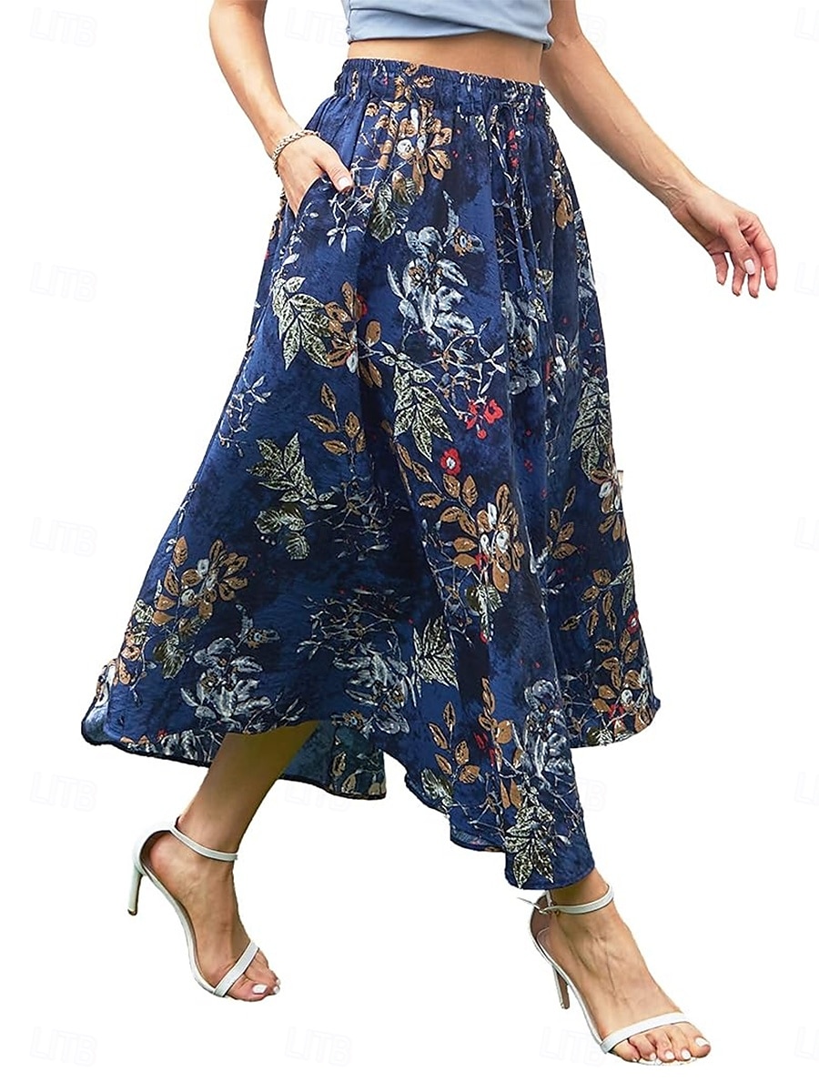 női hosszú szoknya maxi szoknya patchwork virágos grafika alkalmi mindennapi nyári elegáns vintage kék fekete kék khaki 2025 - $23.99 –P5