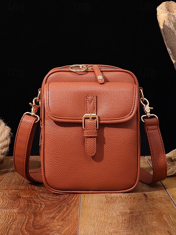 Bolso bandolera vintage de piel sintética marrón para mujer con detalle de hebilla frontal: diseño compacto y elegante 2025 - $32.99 –P1