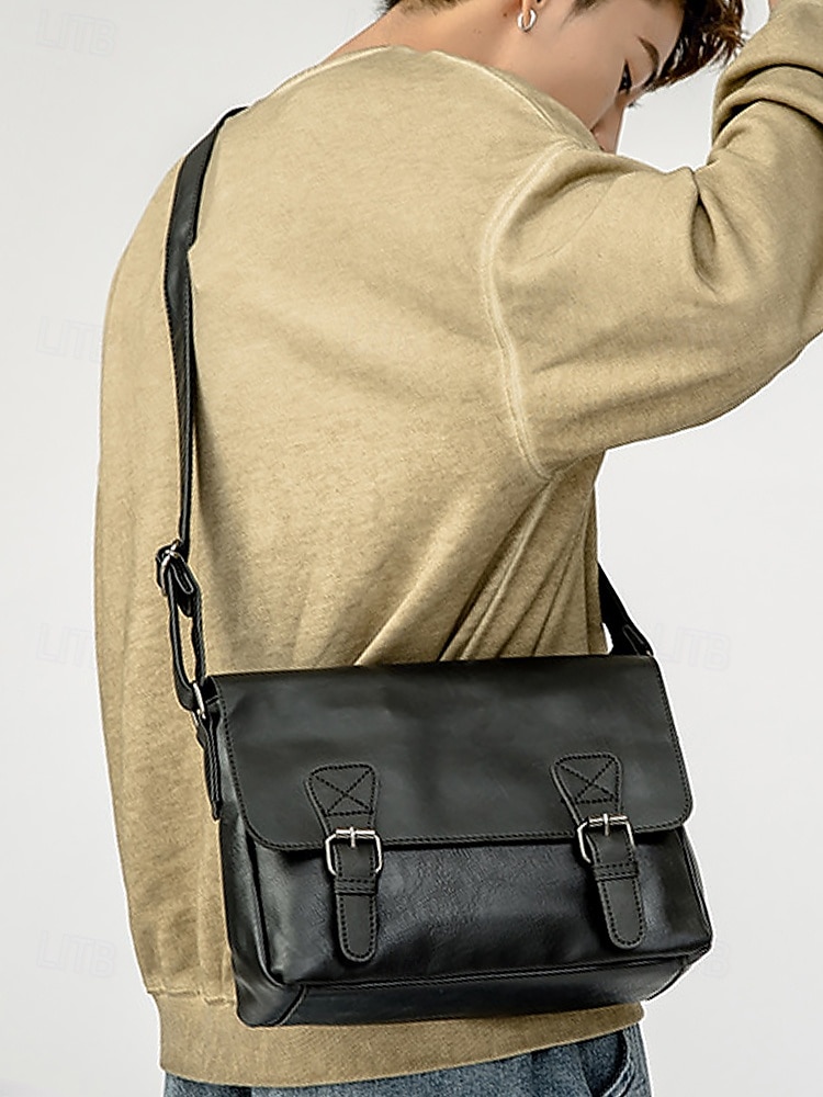 Bolso de mensajero vintage de piel sintética para hombre con correa ajustable: diseño duradero de dos tonos para uso laboral y casual 2025 - $29.99 –P3
