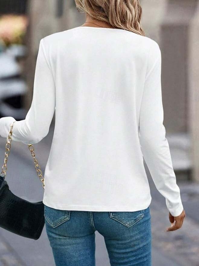 Kobiec T-shirt tunika moda casual kot regularne topy długi rękaw dekolt zaokrąglony nadruk luźny krój codzienny biały wiosna jesień 2025 - $22.99 –P2