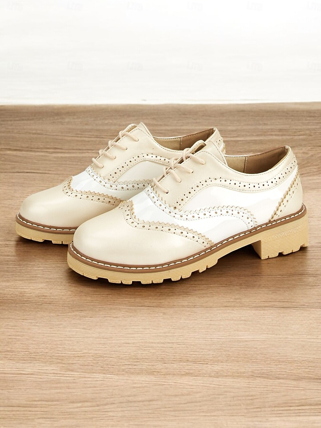 Women's Beige and White Oxford Brogue Shoes - Vintage Lace-Up Low Heel Casual Shoes for Everyday Wear 2025 - $42.99 –P5