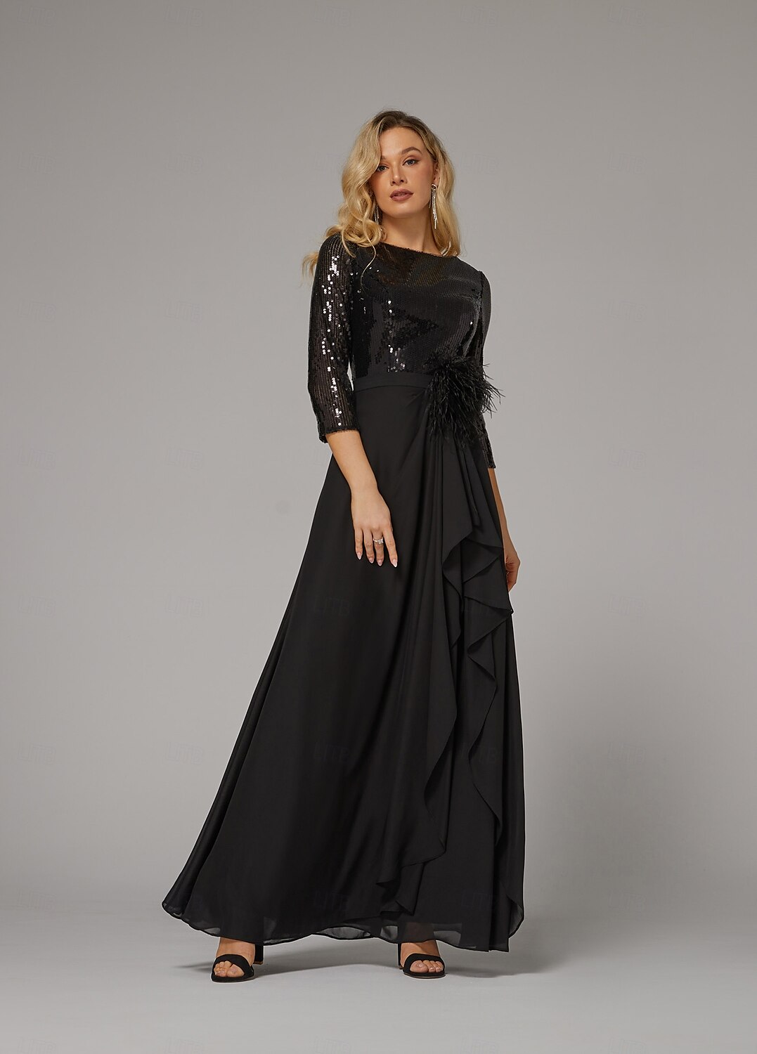 A-Linie Abendkleid elegantes Kleid formell asymmetrisch Langarm Stehkragen Chiffon mit Federn Perlen Pailletten 2025 2025 - $171.99 –P5