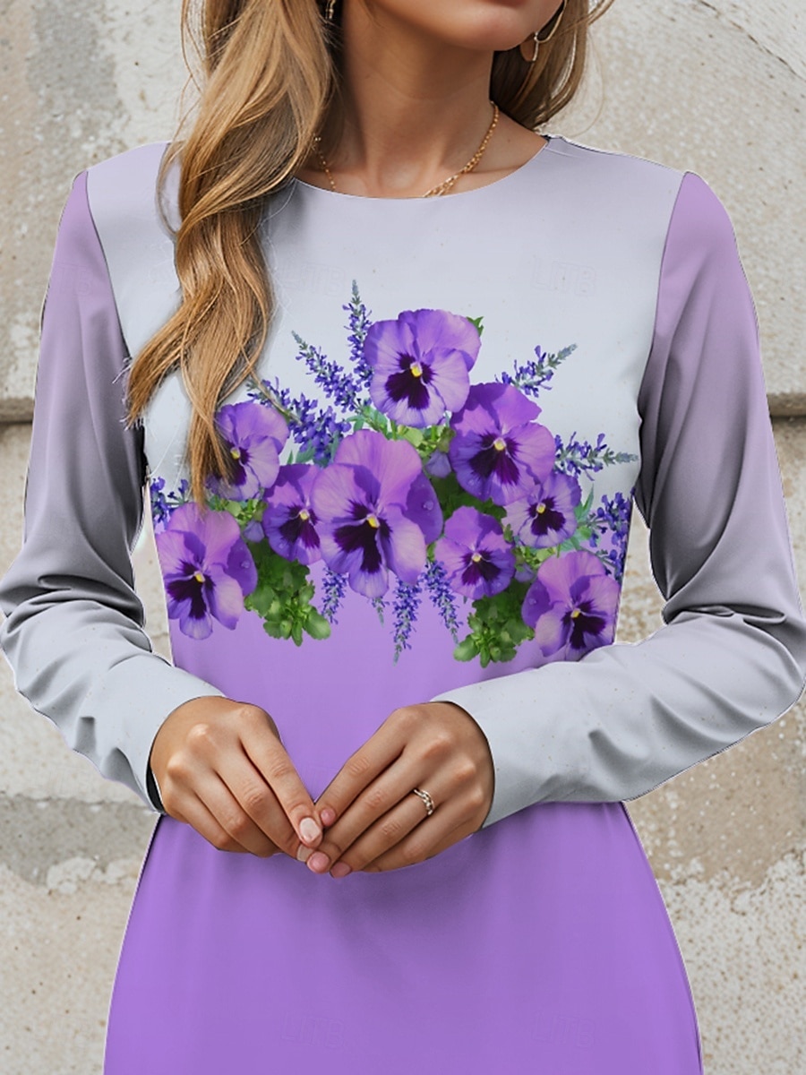 Dame Mini kjole Sweatshirt kjole Uformell kjole Vinter kjole Korsettkjole Fritid Fest Gate Avslappet Normal Blomstret Crew-hals Lilla Høst Vinter 2025 - $25.99 –P3