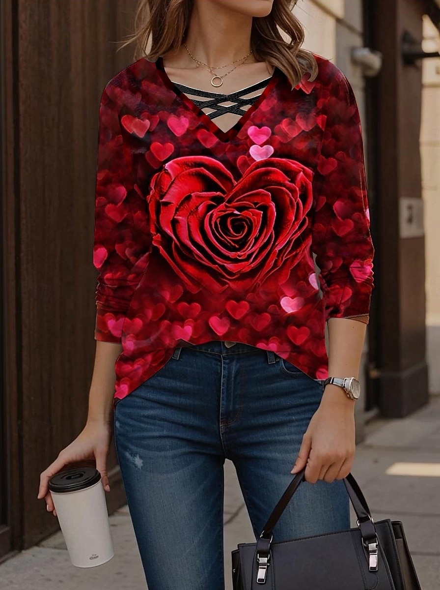 Valentine Women's Heart T Shirt Heart Rose Tee Regular Tops Long Sleeve V Neck Cut Out Print Regular Fit Daily Red Spring Fall 2025 - $23.99 –P1