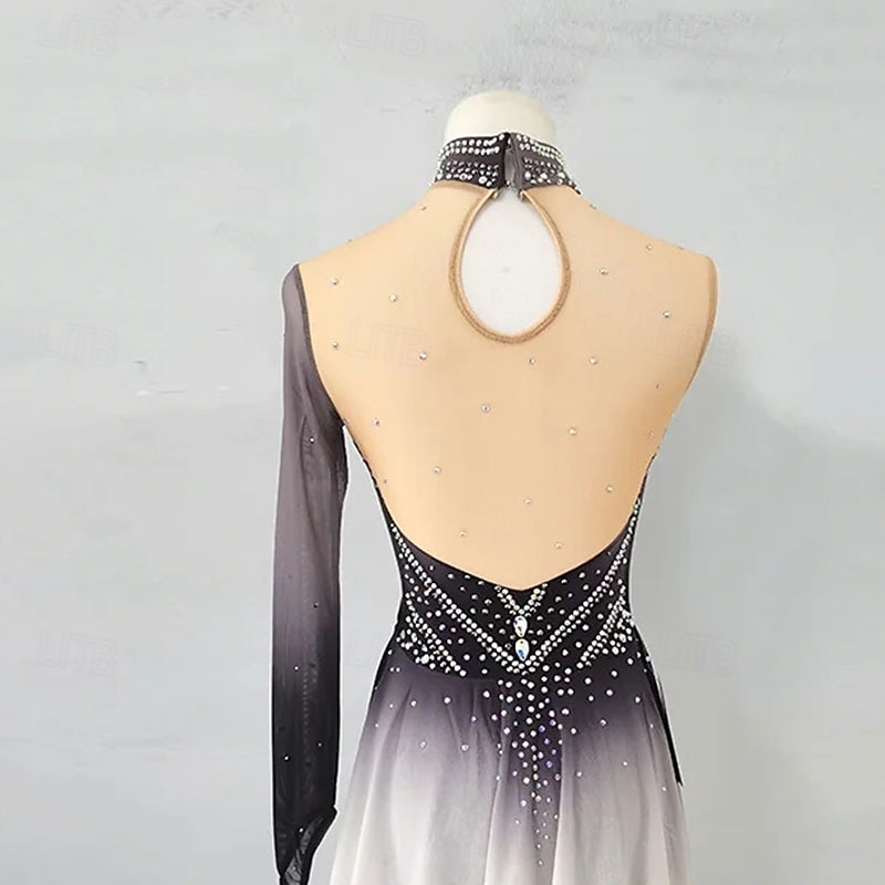 Figure Skating Dress Women's Girls' Ice Skating Dress Gray High Elasticity Training Competition Skating Wear Classic Crystal / Rhinestone Long Sleeve Ice Skating Figure Skating 2025 - $181.99 –P3