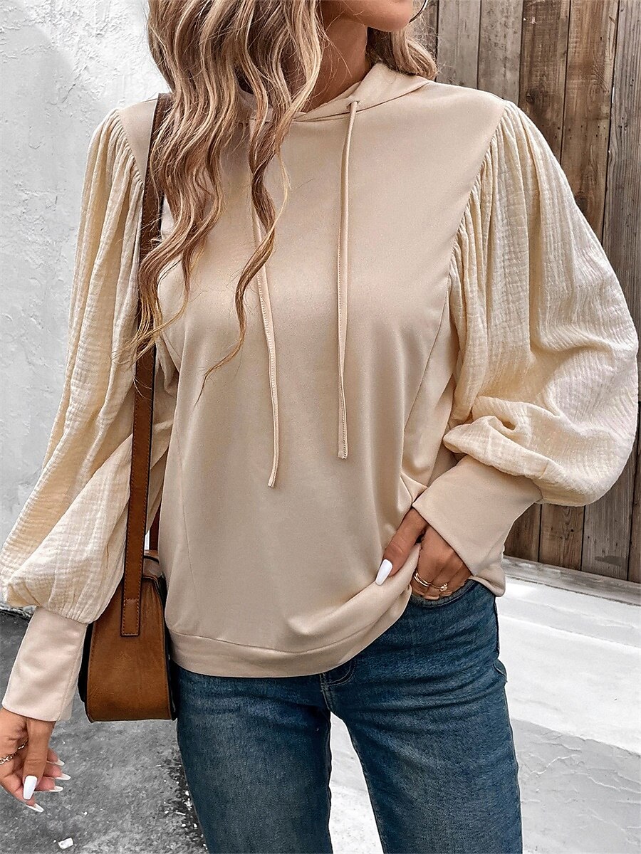 moletom feminino com capuz, moda quente, simples, casual, férias, saída, com capuz, patchwork, solto, manga comprida, bege, primavera, outono, inverno de 2025 por $48.99 –P4