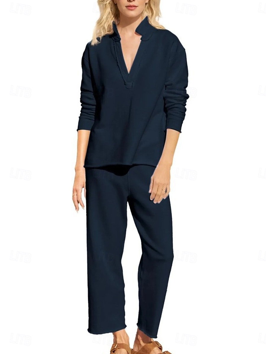 Women's Linen-Inspired Sets Two Piece Sets Blouse Chinos Long Sleeve Solid Color Navy Blue Green Beige Fall Regular Fit 2025 - $30.99 –P3