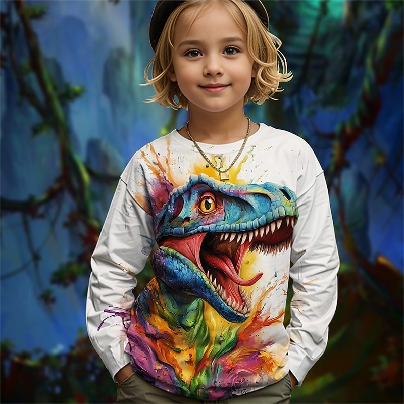 Tyttöjen 3D Kuvitettu Eläin Dinosaurus T-paita Pitkähihainen Kevät Syksy Muoti Perus Lapset 4-12 vuotta Tiukka pyöreä kaula-aukko ulko- Kausaliteetti Päivittäin Normaali 2025 - $13.99 –P2