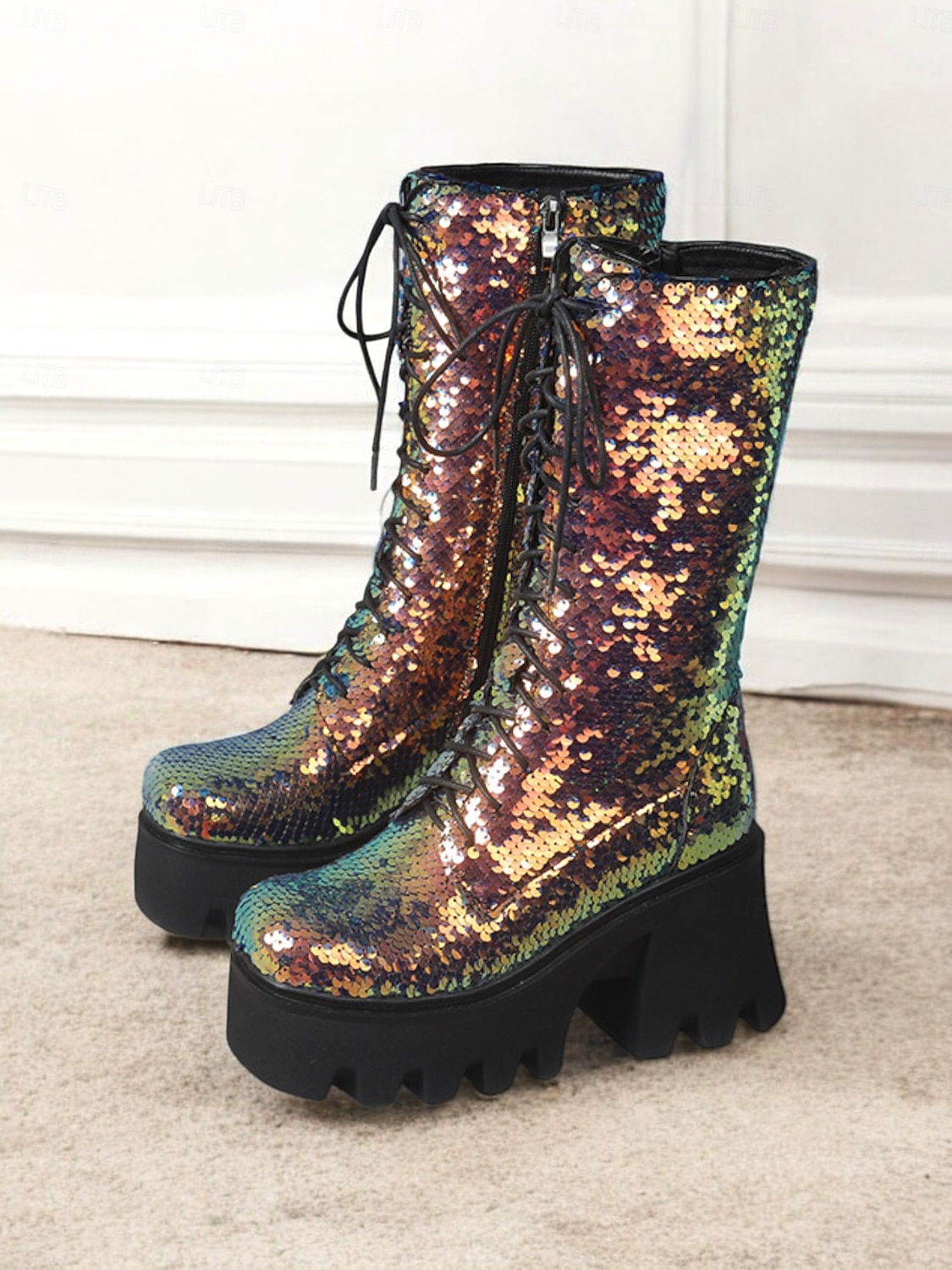 Botas de plataforma con cordones y lentejuelas para mujer: botas de tacón grueso brillantes en verde y azul para fiestas, festivales y cosplay 2025 - $84.99 –P6