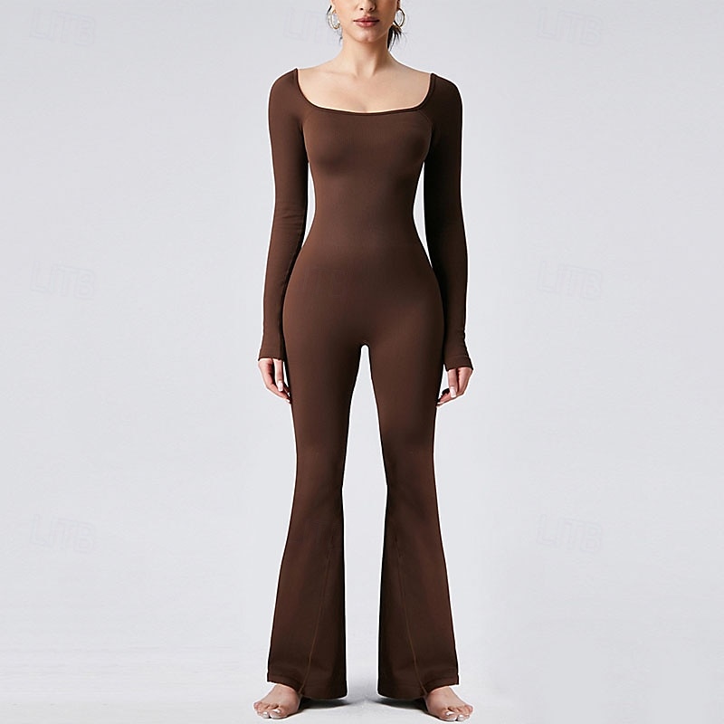 Dam Jumpsuit Träningsdräkt Onesie Utsvängda byxben Ensfärgat Kroppsdräkt Byxdress Svart Kaffe Yoga Kondition Gymträning Andningsfunktion Mjuk Långärmad Sport Sportkläder Elastisk Smal 2025 - $33.59 –P6