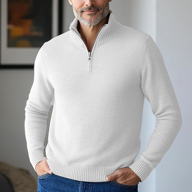 2026年 男性用 ニット ドレスセーター プルオーバーセーター リブ ニット クロップド ジッパー ニット 純色 スタンド スタイリッシュ ベーシック アウトドア 日常 衣類 秋 冬 キャメル ブラック S M L  コレクション – $30.99 –P7