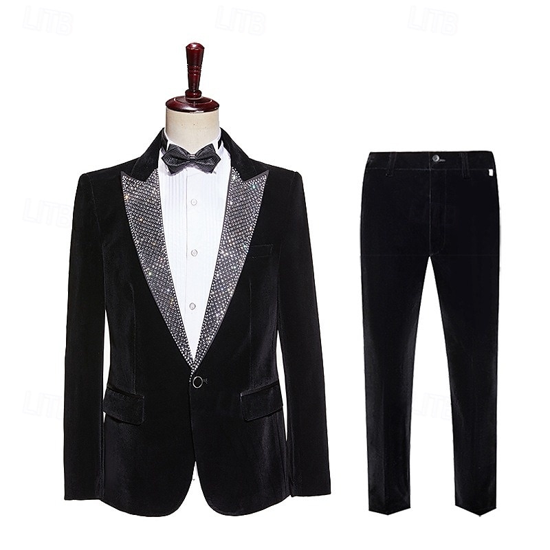 Costumes de soirée en velours pour hommes noir mode de Noël patchwork coupe standard 2 pièces à simple boutonnage de 2025 ? $132.99 –P6