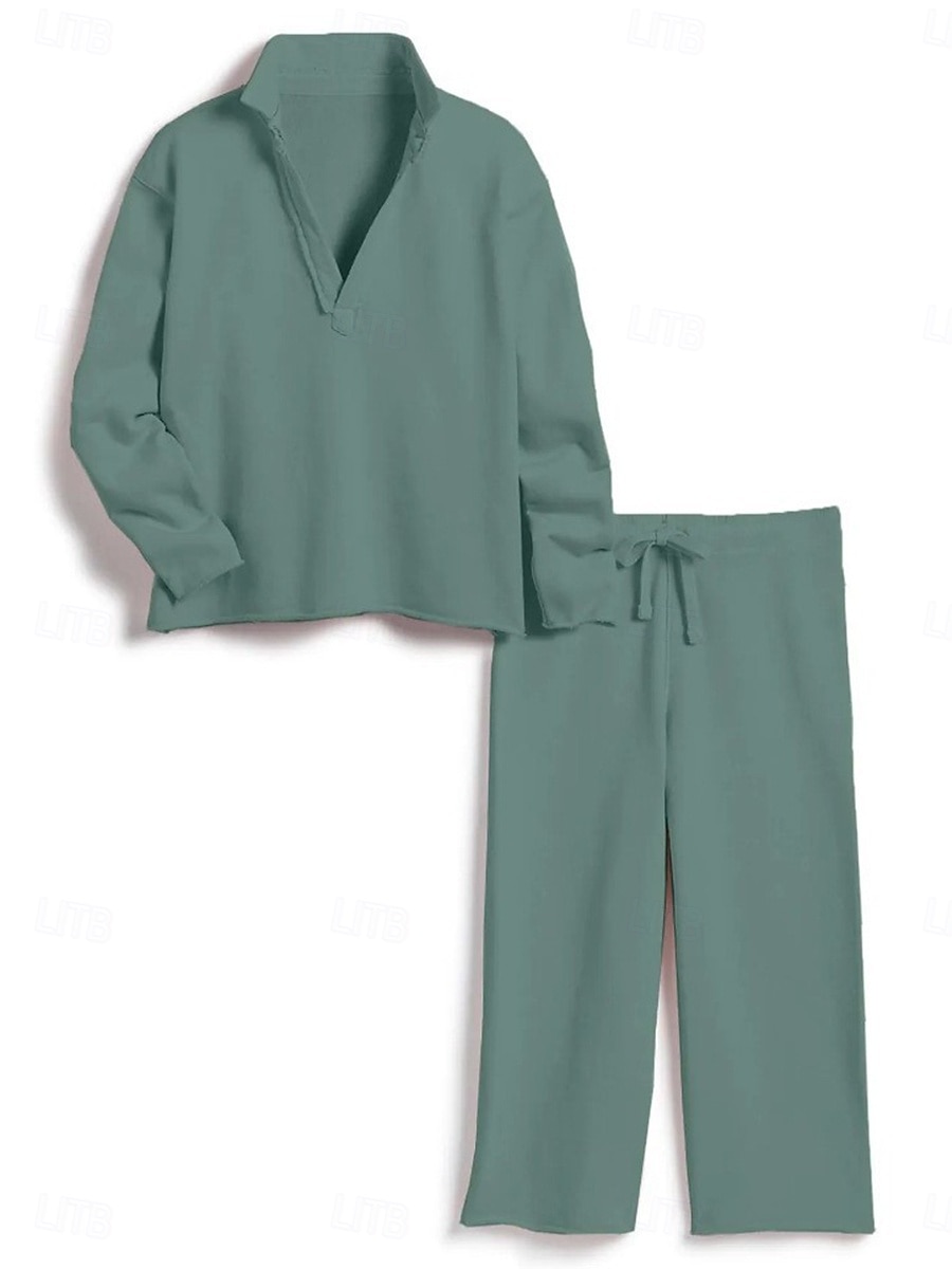 Women's Linen-Inspired Sets Two Piece Sets Blouse Chinos Long Sleeve Solid Color Navy Blue Green Beige Fall Regular Fit 2025 - $30.99 –P7