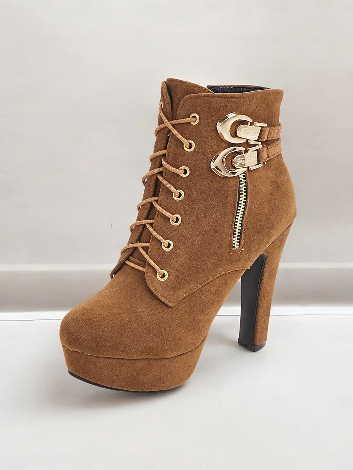 bottines en daim marron pour femmes - modèle à lacets avec boucle dorée et détails zippés, chaussures à talons hauts à plateforme pour des looks décontractés et de fête élégants de 2025 ? $46.99 –P9