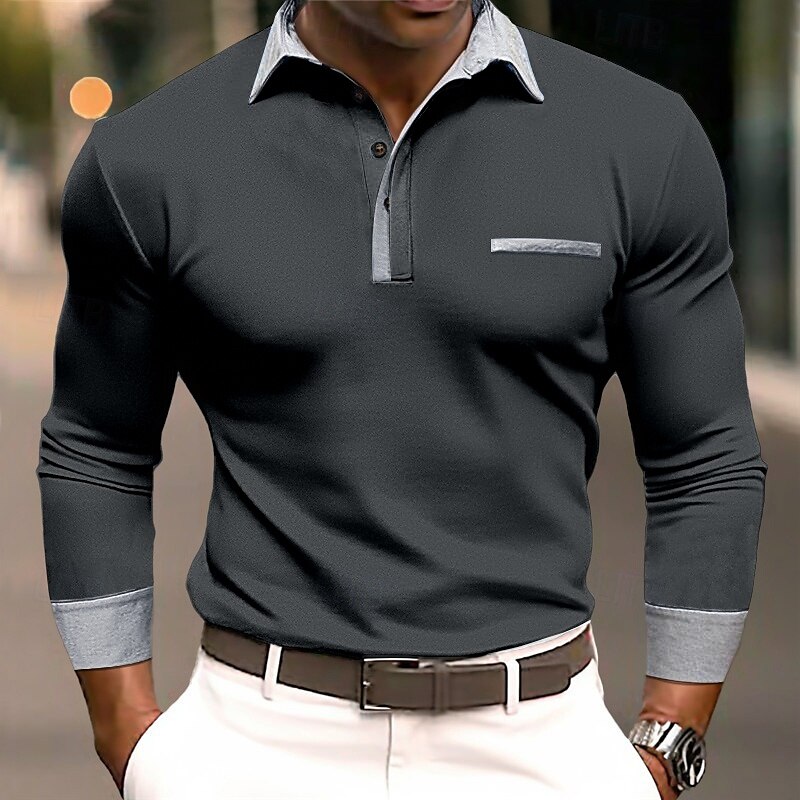 Herren Poloshirts Golf Poloshirts Strasse Geschäft Kargen Klassisch Langarm Modisch Basic Patchwork Tasche Farbblock Herbst Winter Jahreszeiten Regular Fit Hellblau Babyblau Schwarz Weiß Burgunderrot 2025 - $26.99 –P6