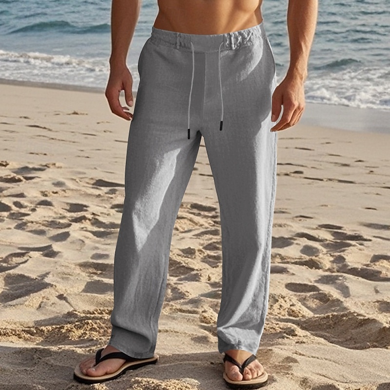 Men's Linen Pants Trousers Summer Pants Beach Pants Drawstring Elastic Waist Straight Leg Plain Comfort Breathable Full Length Daily Holiday Beach Vacation Fashion Black White 2025 - $20.99 –P6