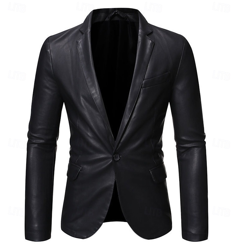 Men's Blazer Sport Coat Office Work Street Pocket Fashion Casual Spring &  Fall Polyester Faux Leather Plain Pocket Casual / Daily Single Breasted Blazer Black 2025 - $64.99 –P3