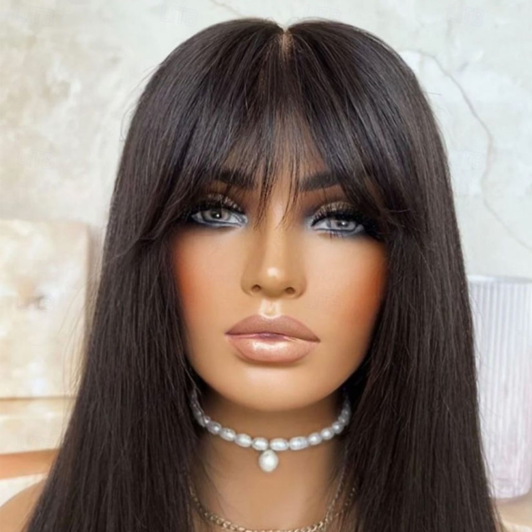 Cabelo Humano 13x4 Lace Front Peruca Com Franjas Cabelo Brasileiro Liso Seda Preta Peruca 130% 150% Densidade do Cabelo com o cabelo do bebê 100% Virgem Com nós descorados Pré-depenado Para Feminino de 2025 por $235.79 –P3