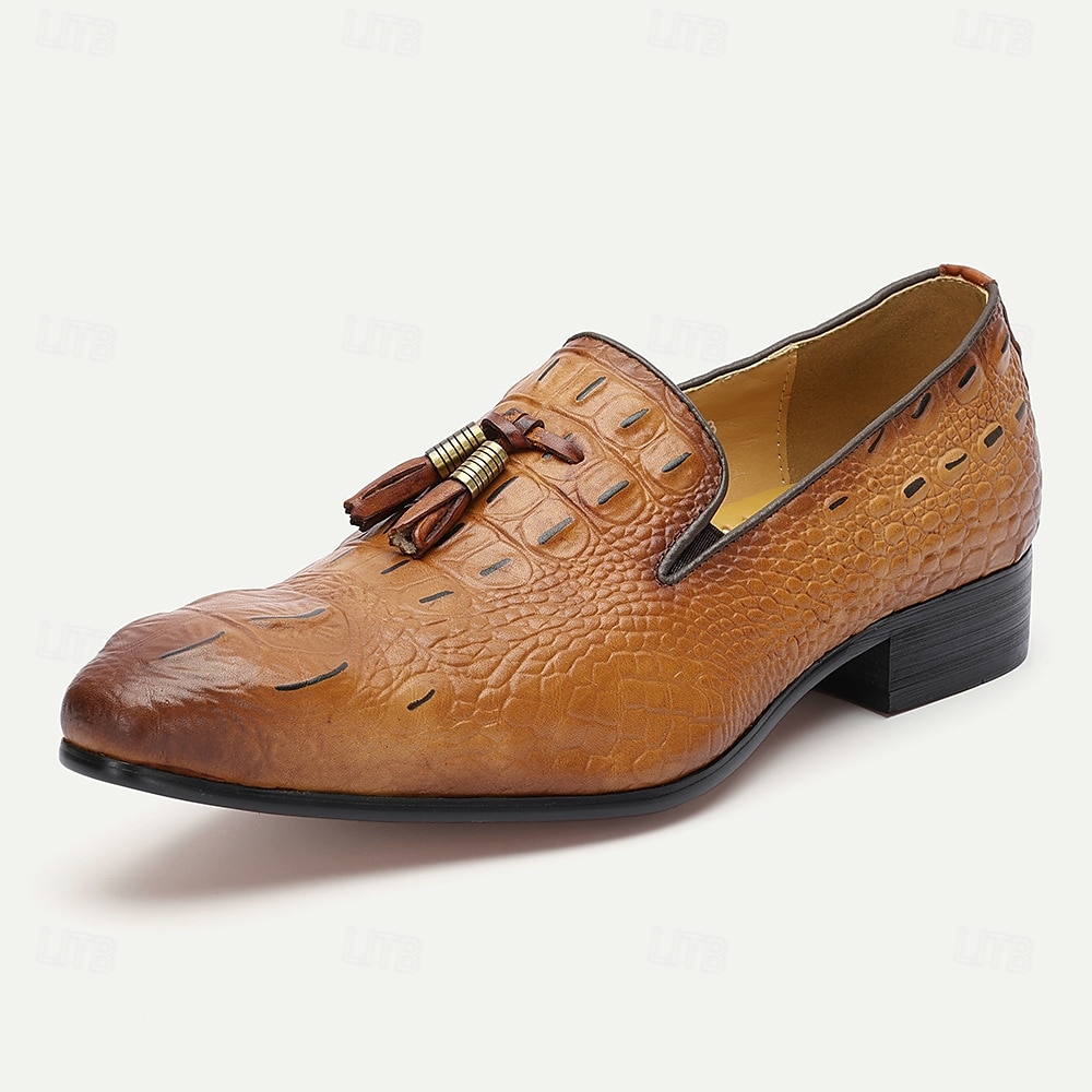 Men's Tan Crocodile Embossed Leather Loafers with Tassel Detail – Premium Cowhide Formal & Casual Dress Shoes 2025 - $109.99 –P2