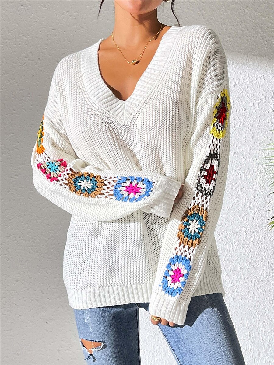 Per donna Felpa Informale Morbido Floreale Uncinetto A V Lavorato a maglia Manica lunga Top regolari Maglia Esterno Giornaliero Fine settimana Nero Bianco Autunno Inverno del 2025 a $31.99 –P4