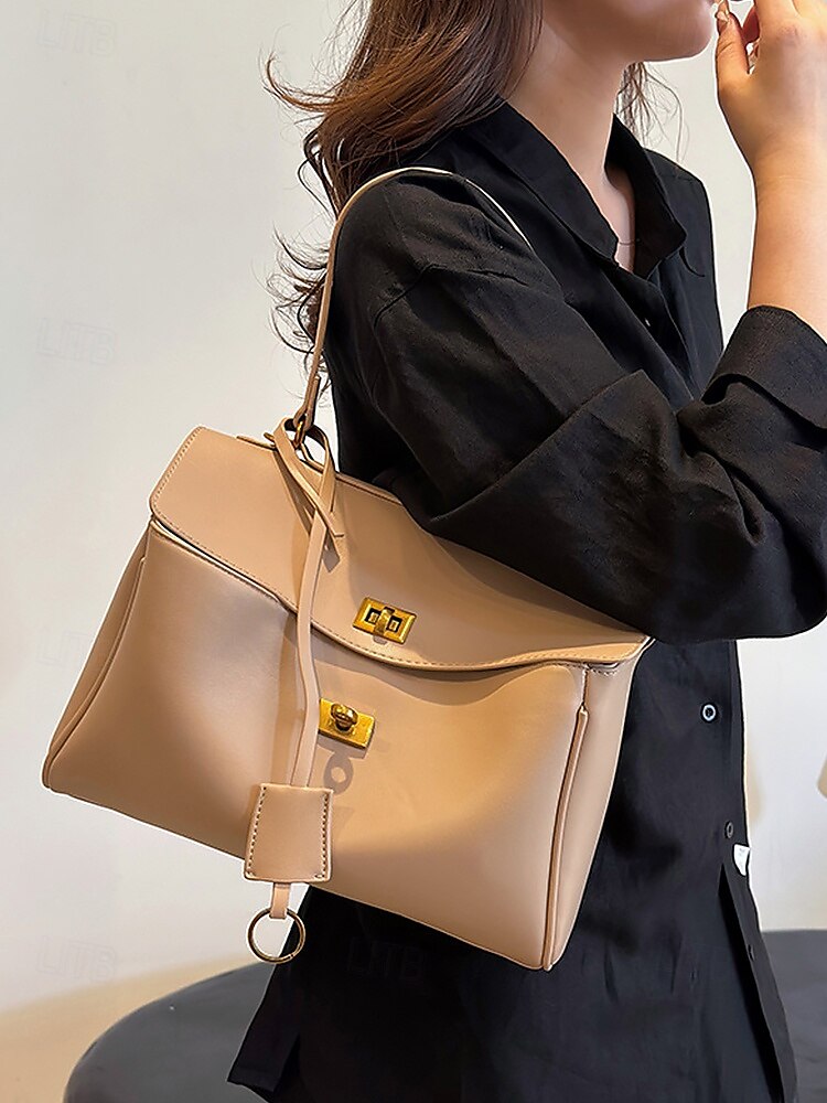 Elegante bolso de mano de piel sintética beige con herrajes en tono dorado: bolso clásico para mujer con asa superior y cierre giratorio seguro 2025 - $29.99 –P2