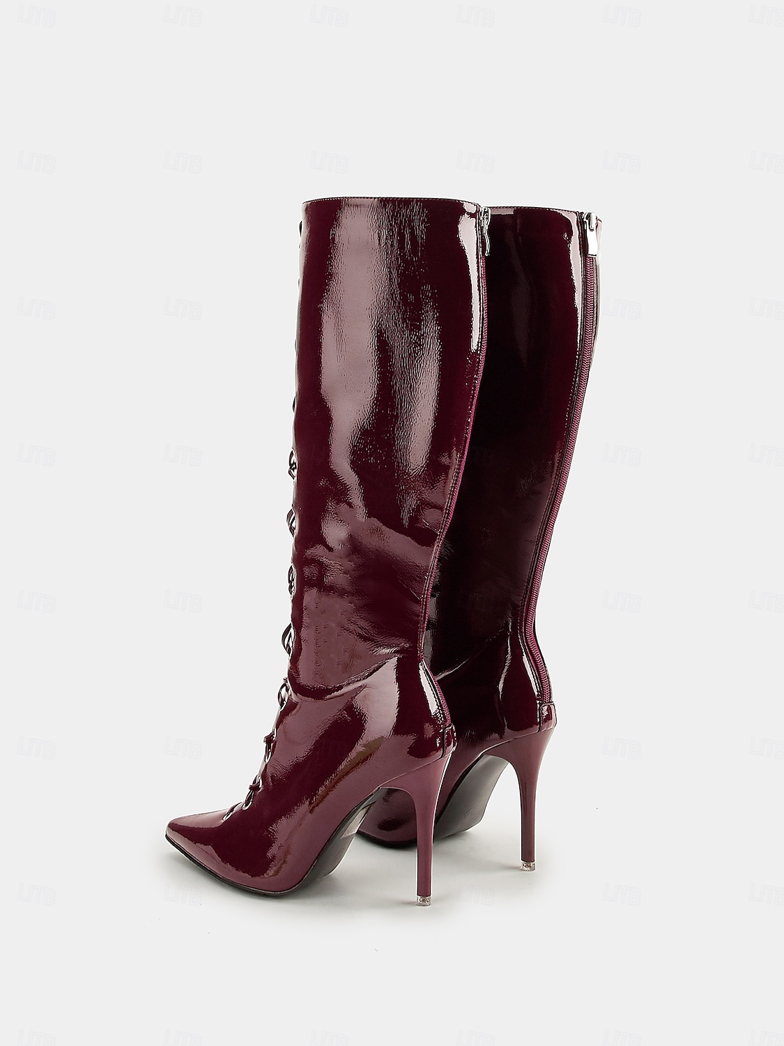 kniehohe Stiefel aus burgunderfarbenem Lackleder für Damen mit Schnürung – Stilettoabsatz für elegante Abend- und Partygarderobe 2025 - $49.99 -P5