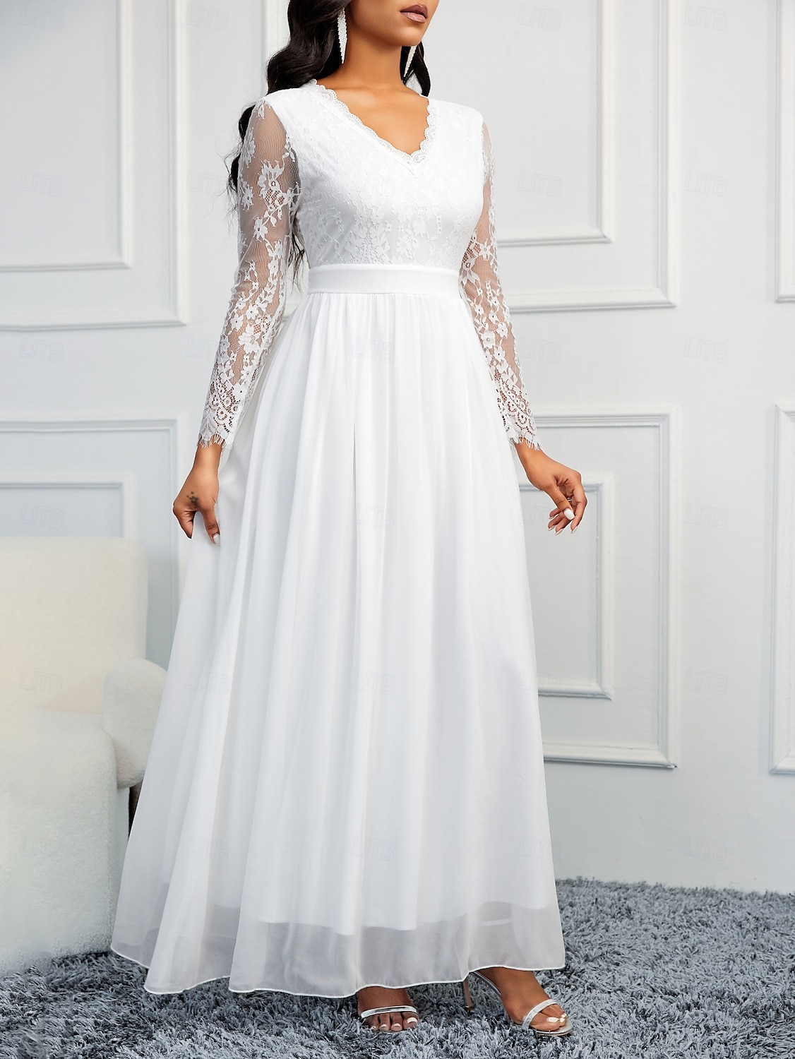 Esküvői ruhák A-vonal V nyakú hosszú ujjú földig érő chiffon menyasszonyi ruhák applikációkkal 2025 - $97.99 –P2
