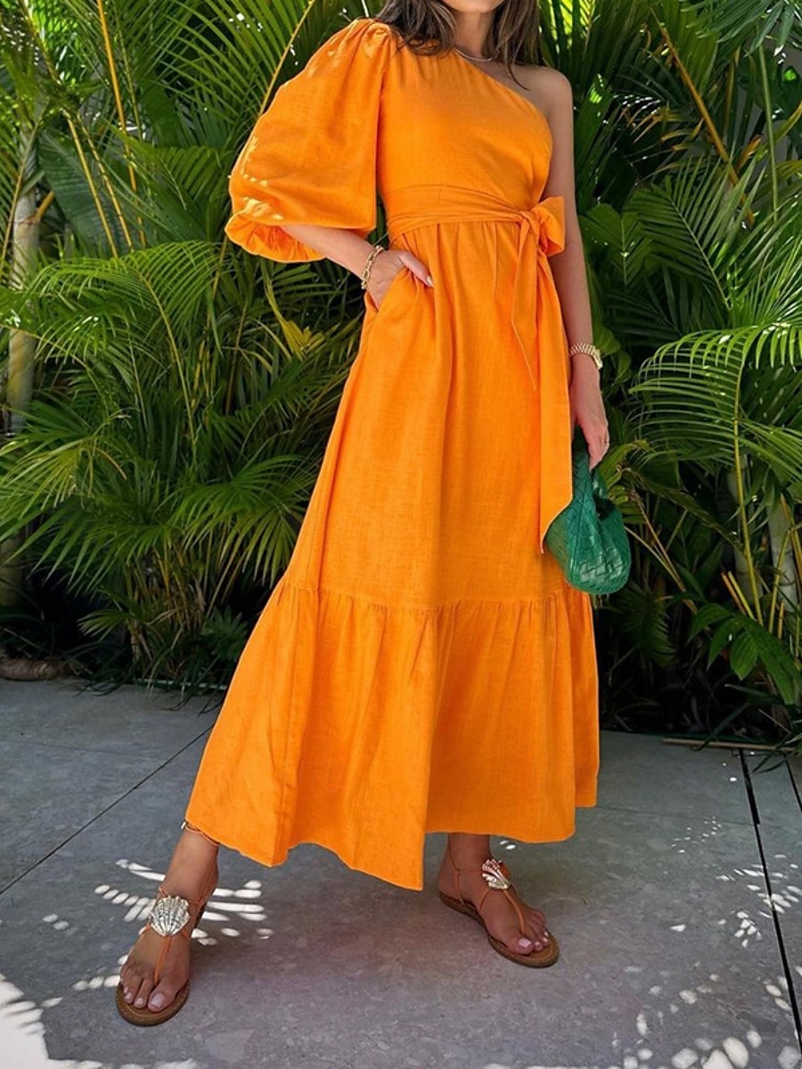 Robe casual Robe unie Femme Robe Maxi A Volants Poche Sport & Loisir Plein Air Décontractées Une Epaule Manches 3/4 Standard Jaune Fuchsia Orange S M L XL de 2025 ? $41.99 –P2
