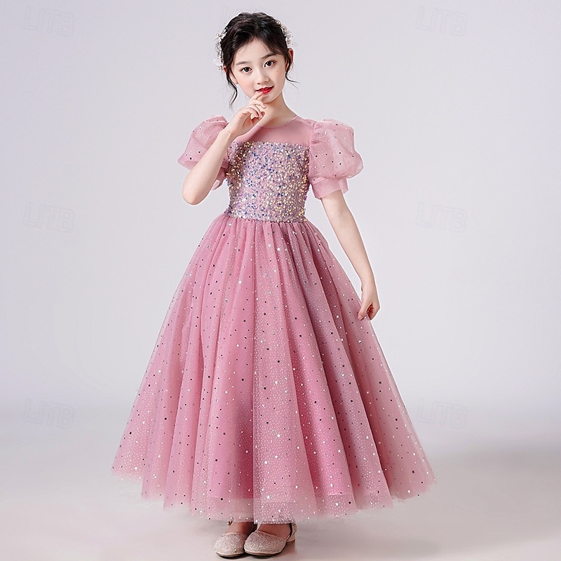 Bloemenmeisjesjurk kinderen Voor meisjes Prinses jurk Prestatie Bruiloft Feest Elegant Mooi Netstof Effen Kleur Korte mouw Strakke ronde hals Wit Blozend Roze 4 jaar + 2025 - $44.99 –P1