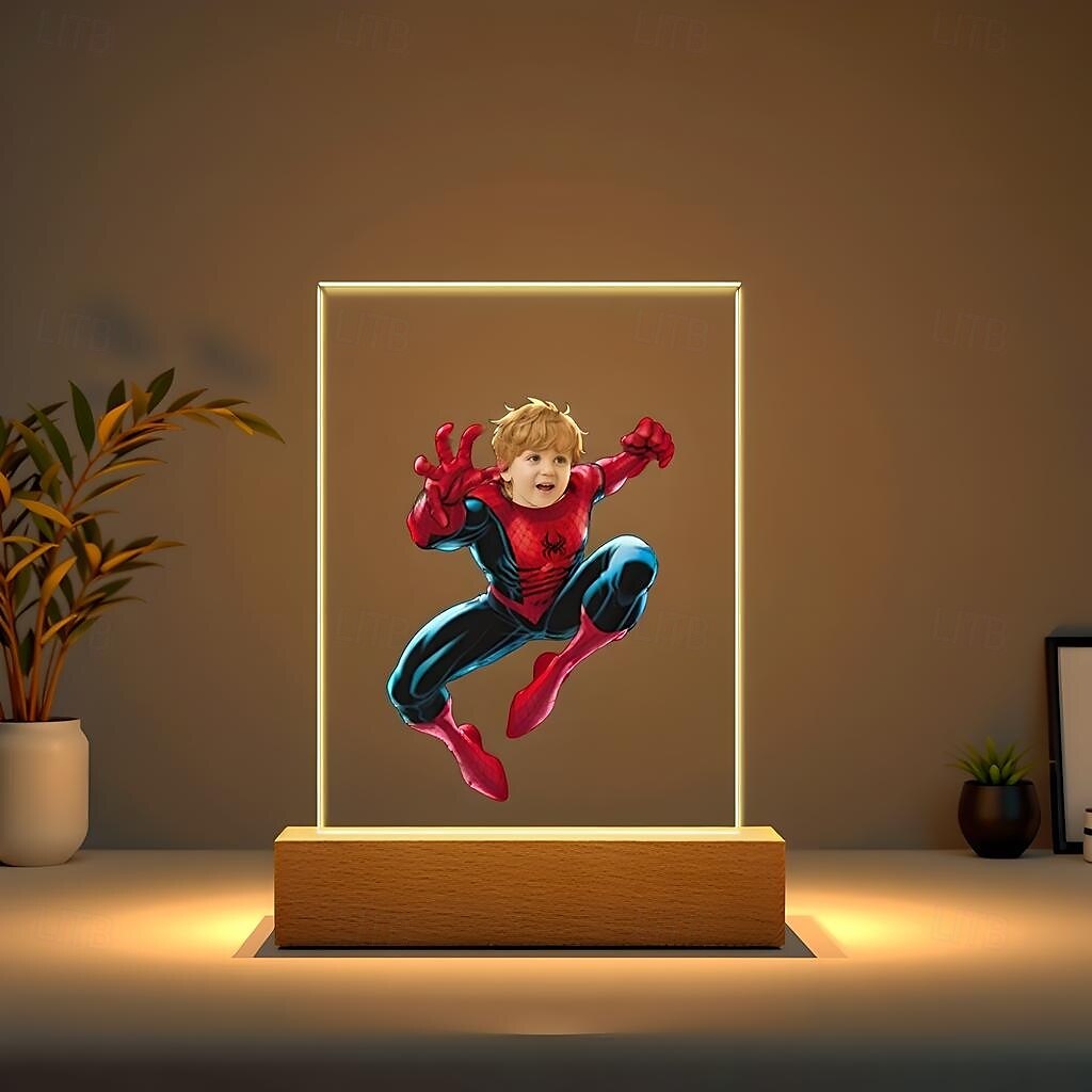 personlig foto usb nattlys tilpasset edderkopp superhelt barneansikt akryl nattlys juledekorasjonsgaver til superheltfans 2025 - $16.49 –P1