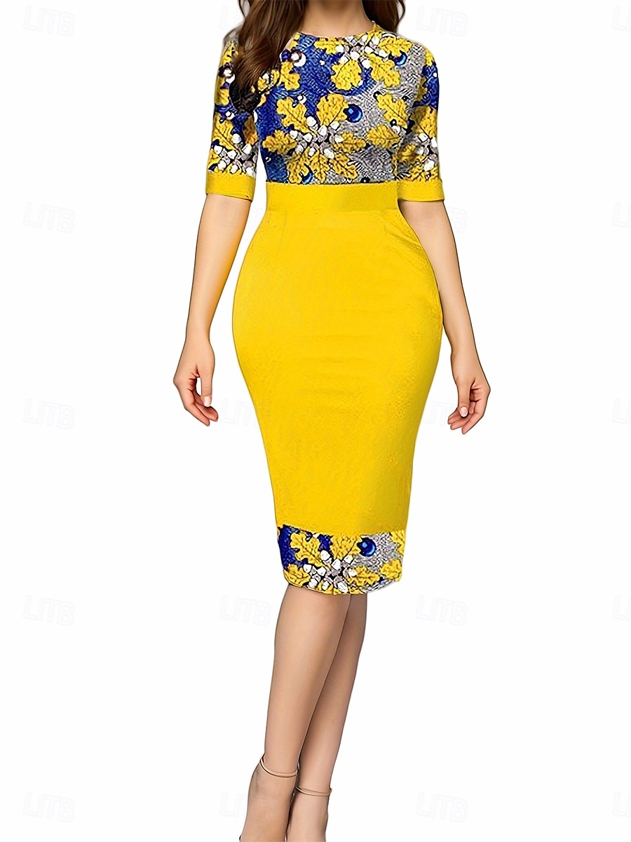 Dam Arbetsklänning Skiftklänning Elegant Kontor Dagligen Midiklänning Mönster Rund hals Halvlång ärm Blommig Smal Gul Blå Vår Höst S M L XL 2XL 2025 - $39.99 –P1