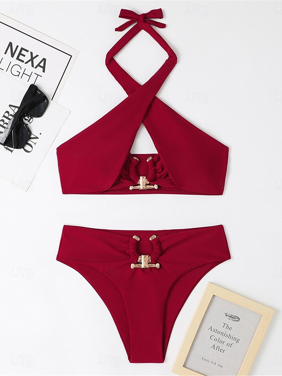 Dames Zwemkleding Bikini 2 stuks Brutaal Zwempak Blote rug Hoge taille Slank Vakantie Strand Kleding Effen Kleur Halternek Mouwloos Badpakken 2025 - $28.99 –P5