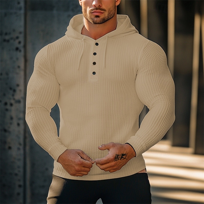 Hombre Camisa de gofres Camiseta Camiseta superior Camisa de manga larga Manga Larga Con Capucha Primavera & Otoño Plano Moda Design Botones Vacaciones Calle Noche Blanco Color Caquí Gris Camiseta 2026 - $18.99 –P2