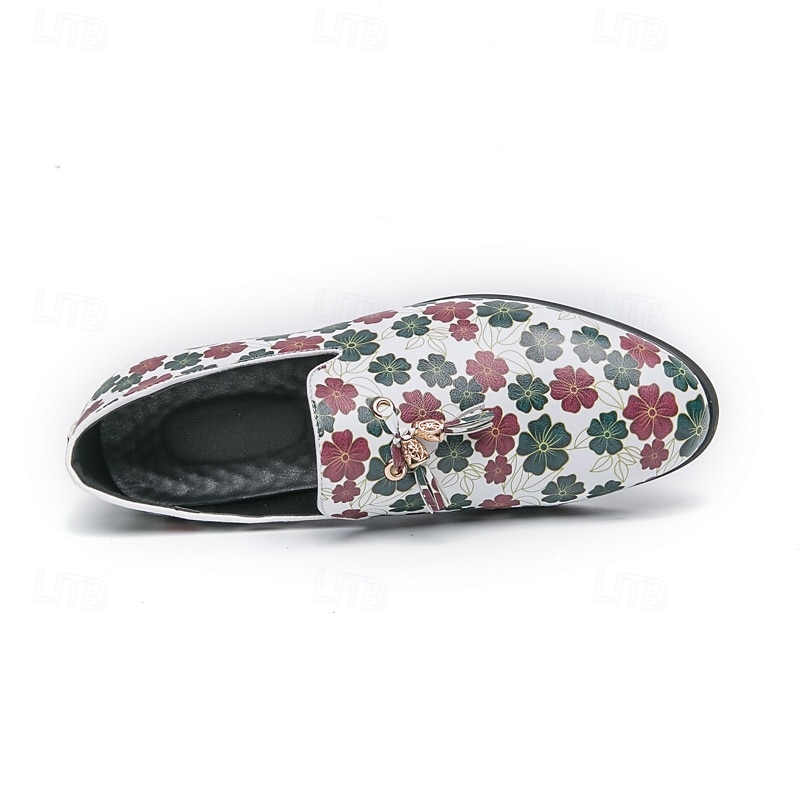 loafers med vitt blommönster för män med tofs och guldaccent – snygga vardags- och semiformella skor för moderiktiga outfits 2025 - $42.99 –P4